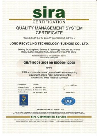 ISO9001:2008 certificate from Suzhou Jono Environmental Technology Co., Ltd.