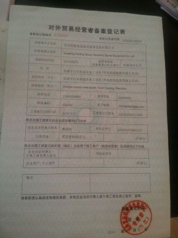 License Photo certificate from Huadong Holding Group Wenzhou Sports Equipment Co., Ltd.