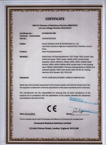 CE certificate of HUNAN CHENZHOU GRAIN & OIL MACHINERY CO., LTD. – certificate photo, supplier certificates section