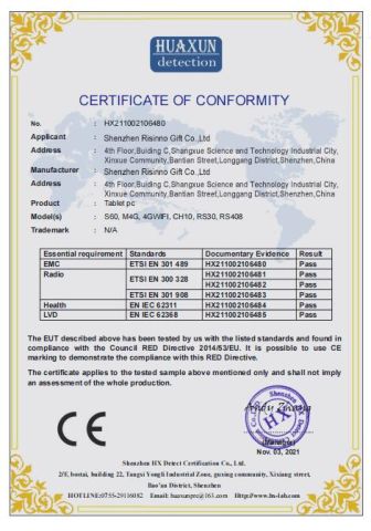 Tablet CE certificate from Shenzhen Risinno Gift Co., Ltd