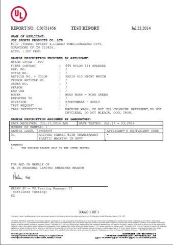 VOC Test report certificate from Dongguan Joy Sports Co., Ltd.