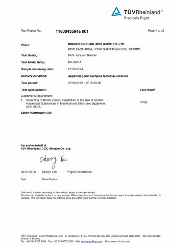 ROHS Certificate certificate from Ningbo Sinolink Appliance Co., Ltd.