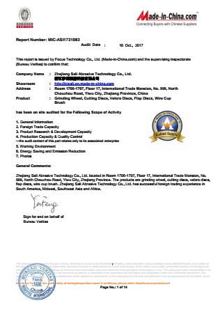 BV CERTIFICATE certificate from Zhejiang Sali Abrasive Technology Co., Ltd.
