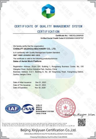 ISO certificate from Chenlift (Suzhou) Machinery Co., Ltd