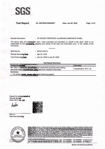 EN13501-1:2018 B1 fr certificate of Guangzhou Aluloyal Decorative Materials Co., Ltd – certificate photo, supplier certificates section