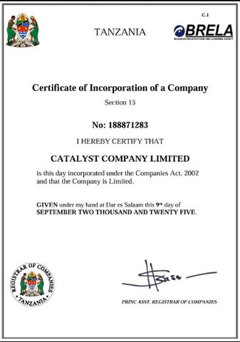 Certificate of Incorporation certificate from Catalyst Company Limited