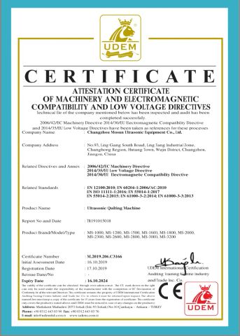 CE certificate of Ultrasonic Quilting Machine certificate from Changzhou Mosun Ultrasonic Equipment Co., Ltd.