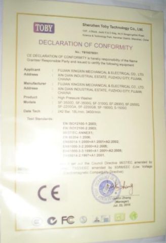 HIGH PRESSURE WASHER CE certificate from CHINA XINGXIN MECHANICAL & ELECTRICAL CO. LTD