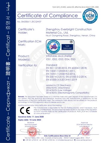 CE for INFLATABLE DOCK SHELTER certificate from Zhengzhou Everbright Construction Material Co., Ltd.