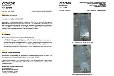 3HOURS FIRE RESISTANT ASTM E1966-15(R2019) certificate from Nanjing MEISHUO Building Materials Co., Ltd.