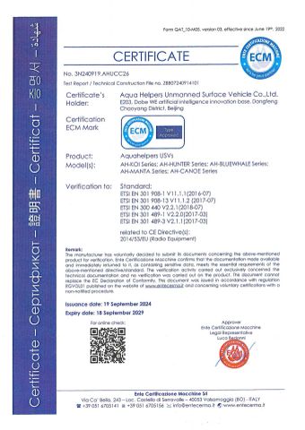 Product Inspection Report certificate from Aqua Helpers Unmanned Surface Vehicle Co., Ltd.