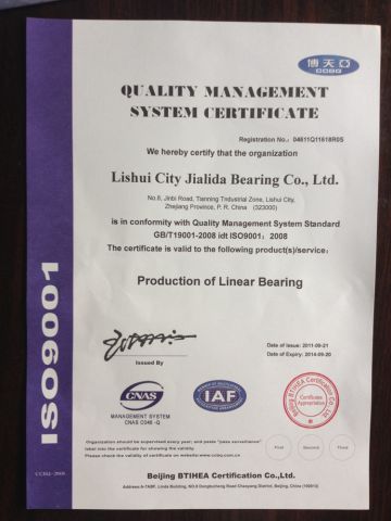 ISO9001-2008 Certificate certificate from Lishui City Jialida Bearing Co., Ltd.
