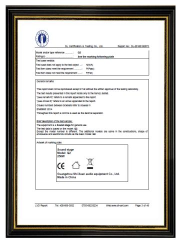 D&L cetification certificate from Guangzhou Shixuan Audio Equipment Co., Ltd.