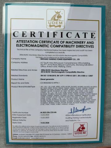 CE certificate from Weifang Taineng Power Equipment Co., Ltd