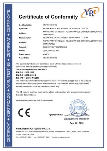 Concrete Cutter Certification certificate from HENAN XINGSHENGDA MACHINERY TECHNOLOGY CO., LTD.