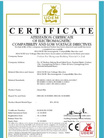 CE Certificate for Smart Film certificate of Foshan Rui Shengyuan Building Material Co., Ltd. – certificate photo, supplier certificates section