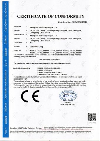 CE-EMC Certificate certificate from Zhongshan Jetten Lighting Co., Ltd.