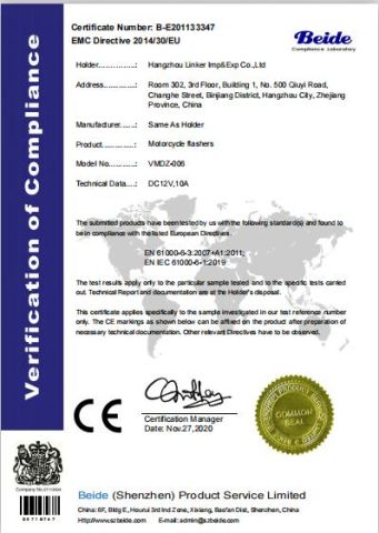 CE certificate from Hangzhou Linker Motorcycle Parts Co., Ltd.