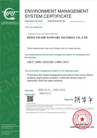 ISO14001 certificate from HEFEI TELIJIE SANITARY MATERIAL CO., LTD.
