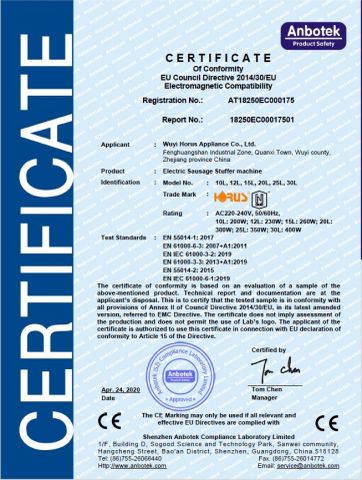 CE-certificate-of-sausage-stuffer certificate from ZHE JIANG HORUS APPLIANCE CO., LTD.