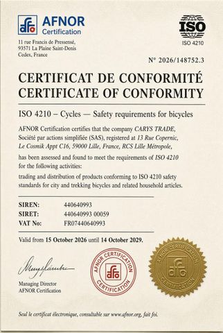 ISO 4210 certificate of Eurl Carys Trade – certificate photo, supplier certificates section
