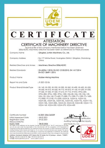 CE for Rubber Mixing Machine certificate from QINGDAO JUNFAN MACHINERY CO., LTD.