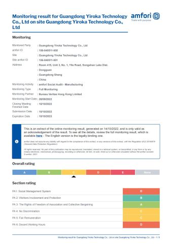 BSCI certificate from Guangdong Yiroka Technology Co., Ltd