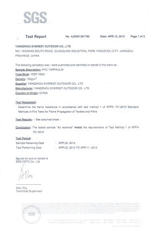SGS certificate from Yangzhou Everest Outdoor Co., Ltd.