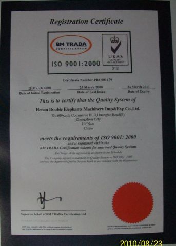 ISO9001:2002 certificate from HENAN DOUBLE ELEPHANTS MACHINERY I/E CO.,LTD