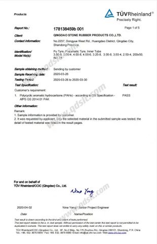 PAHs for PU and Rubber Wheel certificate from Qingdao Stone Rubber Products Co., Ltd.