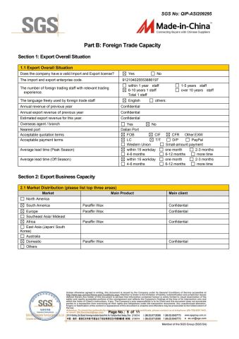 SGS certificate from Fushun Junda Wax Industry Co., Ltd.