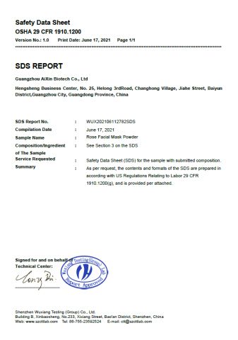 Rose Facial Mask Powder MSDS certificate from Guangzhou Aixin Cosmetic Co., Ltd.