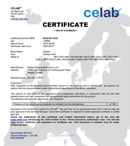 CE certificate for Shower Drain certificate of Ningbo Master Building Material Co., Ltd. – certificate photo, supplier certificates section