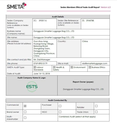 SEDEX certificate of Smarter Luggage Bag Co., Ltd. – certificate photo, supplier certificates section