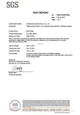 SGS inspection certificate for stainless steel sheet certificate of SHANDONG SINO BUILDING MATERIAL GROUP CO., LTD. – certificate photo, supplier certificates section