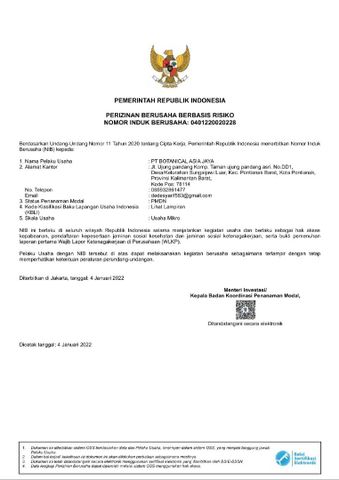 NIB certificate from PT. Botanical Asia Jaya 