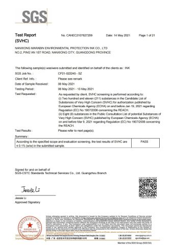REACH-SGS certificate from Nanxiong Marabin Ink Co., Ltd.