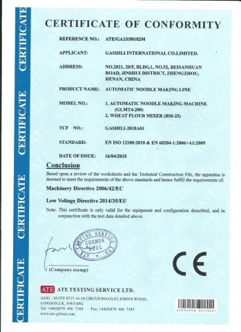 CE-noodle making line certificate from Zhengzhou Gashili Machinery Co., Ltd.