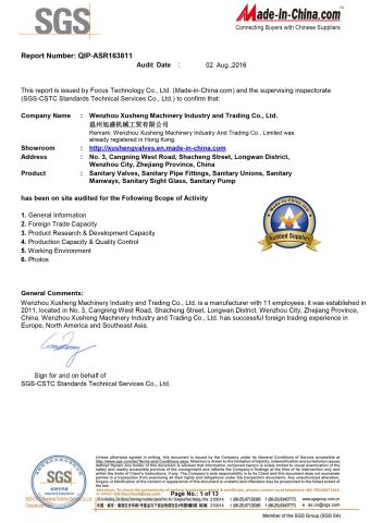 SGS certificate from Wenzhou Xusheng Machinery Industry and Trading Co., Ltd.