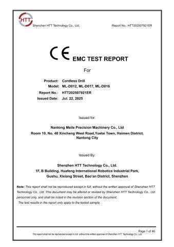 Meile 8V Cordless Drill CE Certificate certificate from Nantong Meile Precision Machinery Co., Ltd.