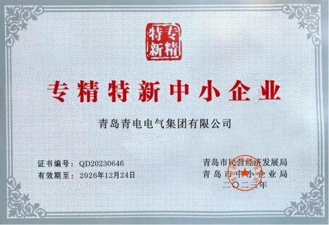 specialized, refined, unique and new small and medium-sized enterprise certificate from Qingdao Qingdian Electric Group Co., Ltd.