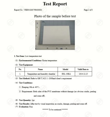 Anti-Cold below -40 degree certificate from Haining Gebo Textile Co., Ltd.
