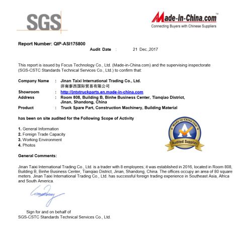 SGS Certification certificate of Jinan Taixi International Trading Co., Ltd. – certificate photo, supplier certificates section