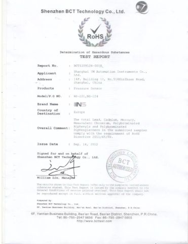RoHs Certification certificate from Shanghai TM Sensor Co., Ltd.