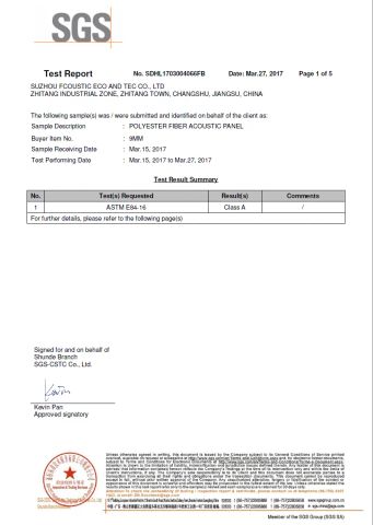 Fire Retardant ASTM-E84 certificate from Suzhou Fcoustic Eco & Tec Co., Ltd.