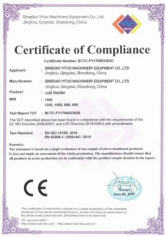 CE certificate of Qingdao Yituo Machinery Equipment Co., Ltd. – certificate photo, supplier certificates section
