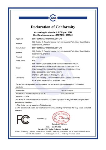 FCC certificate from Shenzhen Best Sonic Bath Technology Co., Ltd.