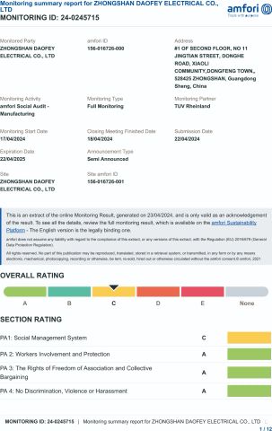Certificate certificate from Zhongshan Daofey Electrical Co., Ltd.