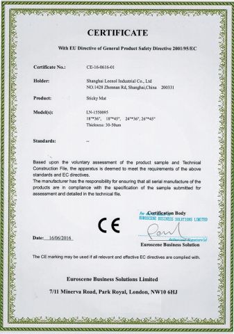 CE for sticky mat certificate from Shanghai Leenol Industrial Co., Ltd.
