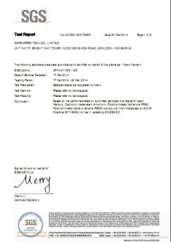 Test Report of Wood 3D filament certificate from Guangzhou Yousu3D Technology Co., Ltd.